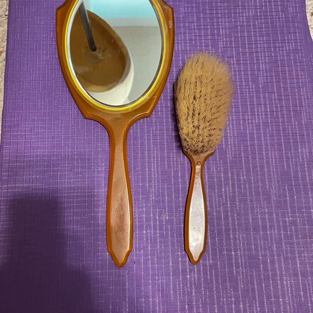 Vintage Brown Hand Mirror and Brush Set
